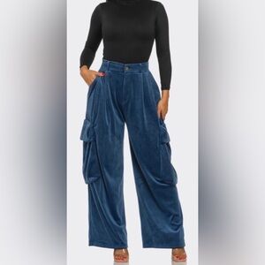 Comfy Soft Blue Velour Cargo Pants - Womens-elastic band in back – S M L